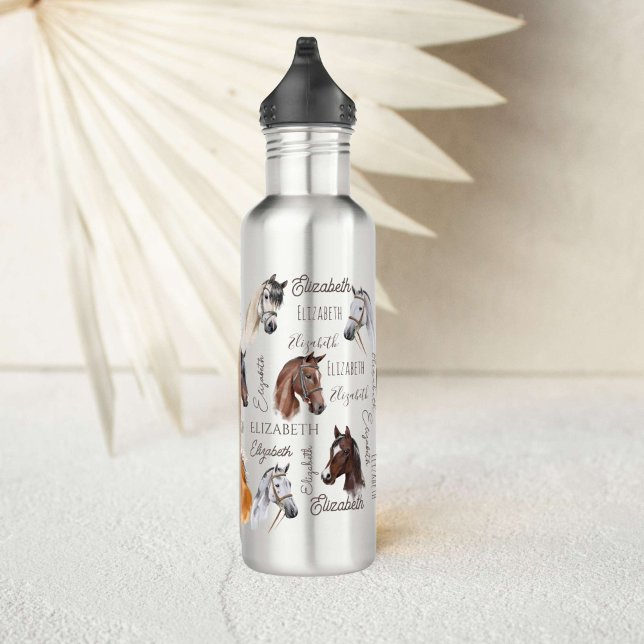 Pferderenngeschenke für Mädchen personalisiert Edelstahlflasche (Horse gifts for girls personalized name horse portrait collage water bottle equestrian gifts)
