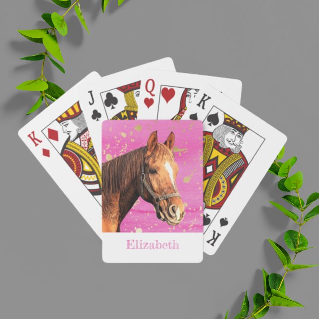 Pferderückfahrt Tiername Rosa Gold Reittier Spielkarten (horse back riding pink watercolor personalized playing cards.)