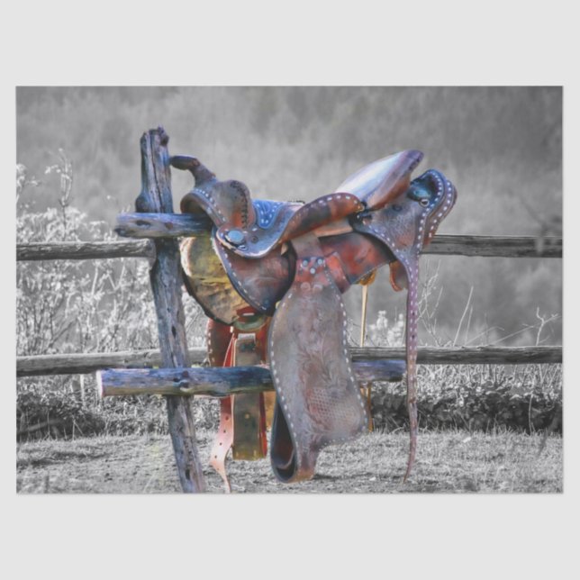 Pferdesattel auf dem Corral Fence Western Seidenpapier (Vorderseite)