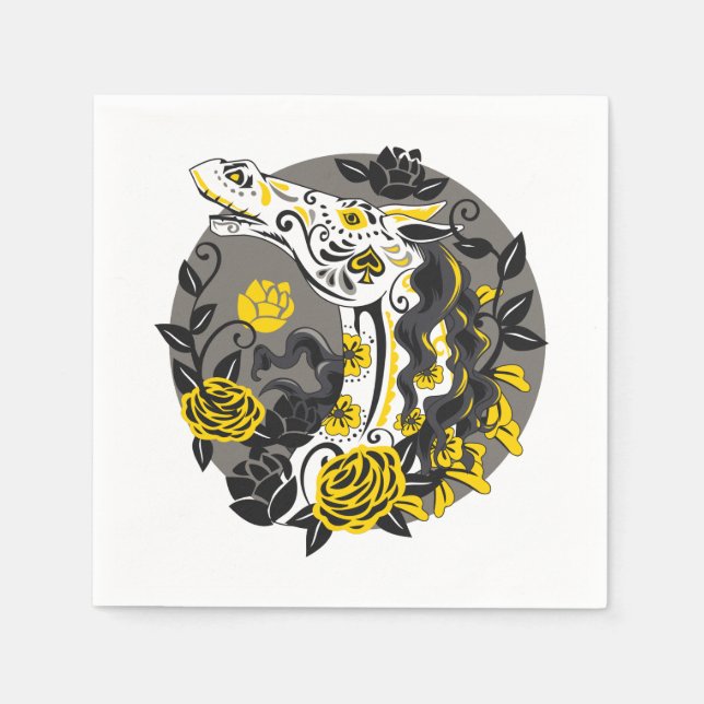 Pferdeschädel mit Gelben Rosen Tag der Toten Serviette (Vorderseite)