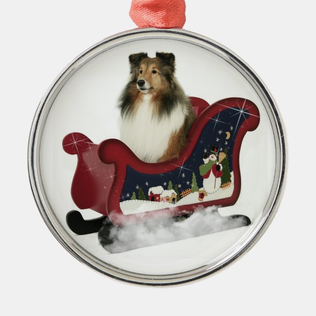 Pferdeschlitten Sheltie Silbernes Ornament (Vorne)
