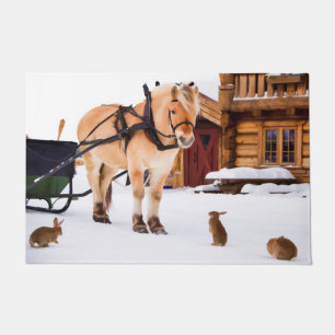 Pferdeschlittenkaninchen Schnee auf dem Bauernhof  Fußmatte