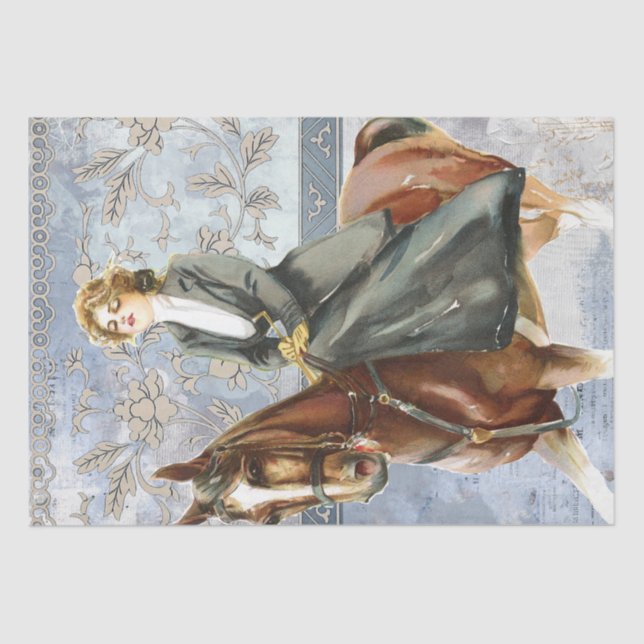 Pferdewoman Horseback Blue Mixed Media Decoupage Seidenpapier (Vorderseite)