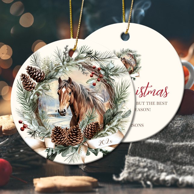 Pferdezuchttier Weihnachtspinecone Keramik Ornament (Horses farm animal Christmas pinecone wreath Ceramic Ornament)