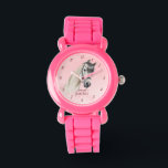 Pferdportrait Pony Girls beobachten Kinder beobach Armbanduhr<br><div class="desc">Pferdeportrait cowgirl Reittier personalisierte Namen Kinder beobachten,  Pferdeliebhaber Geschenk,  Geschenk für Mädchen,  weißes Pferd Portrait,  pastellrosa Hintergrund</div>