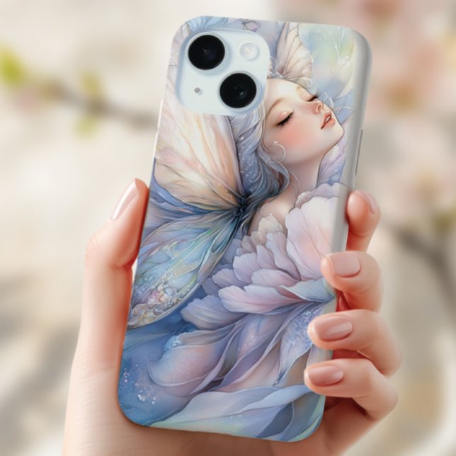 Pfingstrose der Morgenröte Case-Mate iPhone Hülle (the Iphone 15 plus with the image of Peony of the Dawn shown in the hand of a young woman)
