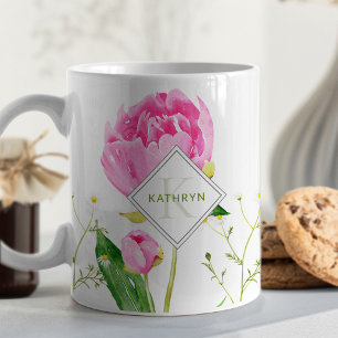 Pfingstrose & Gänseblümchen illustriertes Monogram Kaffeetasse