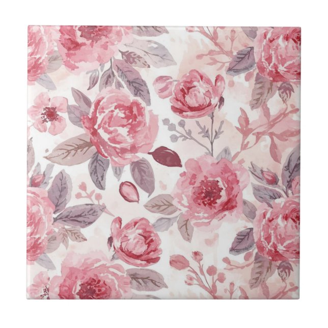 Pfingstrose Rosen-Wasserfarben-Blumengarten Fliese (Vorderseite)