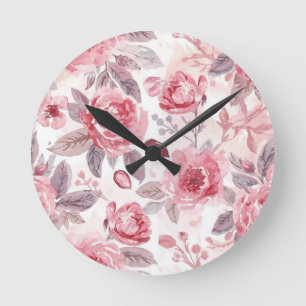Pfingstrose Rosen-Wasserfarben-Blumengarten Runde Wanduhr