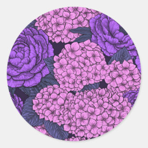 Pfingstrose und Hortensie in Rosa und Violett Runder Aufkleber