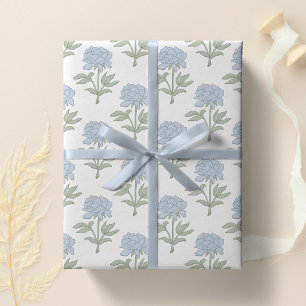Pfingstrosen-Blumen-Blockdruck Cottage Weiß Blau G Geschenkpapier