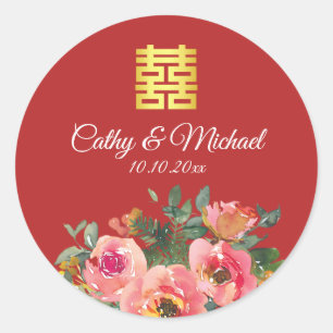 Pfingstrosen-Blumen-Doppelglück chinesische Hochze Runder Aufkleber