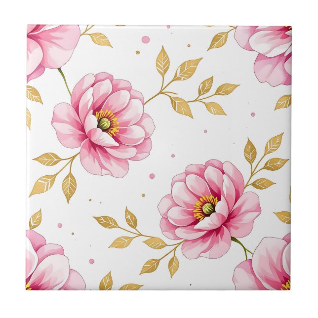 Pfingstrosen-Blumen mit goldenem Blätter-Muster Fliese (Vorderseite)
