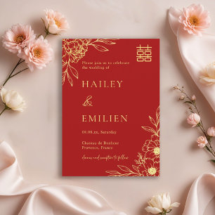 Pfingstrosen-Blumen Moderne Chinesische Rot-Gold-H Einladung