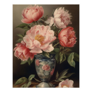 Pfingstrosen-Blumen-Vase Blumenstrauß Vintage Poster