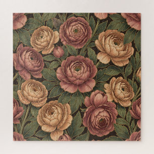 Pfingstrosen-Blumenmuster dunkler Hintergrund Gold Puzzle