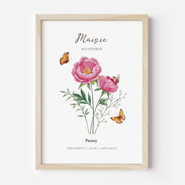 Pfingstrosen-Geburtsmonatsblumenposter Poster (Example of peony birth flower poster once framed. )