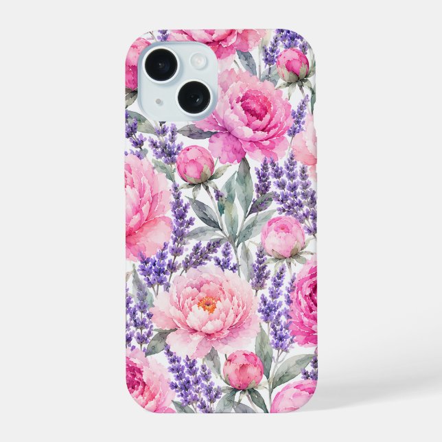 Pfingstrosen & Lavendel Wasserfarben-Blumenmuster iPhone 15 Hülle (Rückseite)