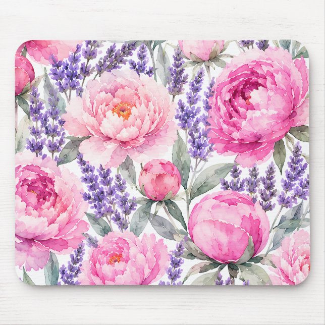 Pfingstrosen & Lavendel Wasserfarben-Blumenmuster Mousepad (Vorne)