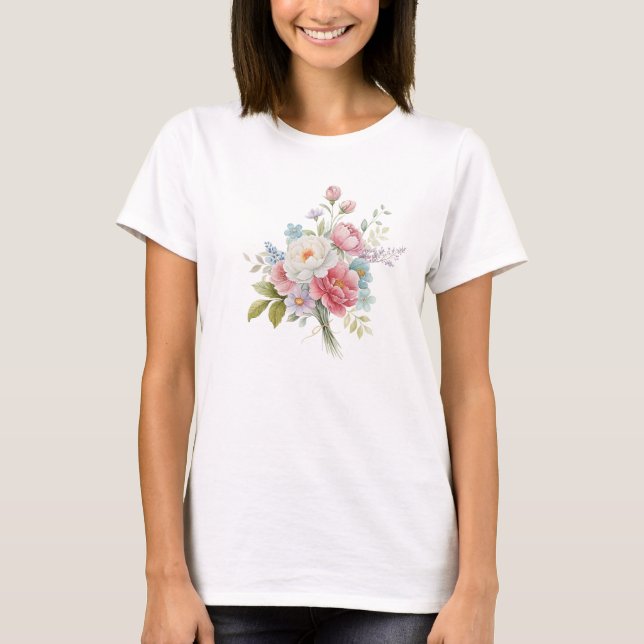 Pfingstrosen- und Blaue Wildblumen-Aquarell-Blumen T-Shirt (Vorderseite)