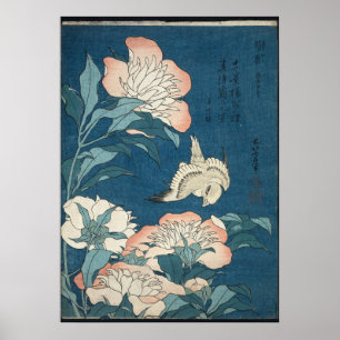 Pfingstrosen und Kanarienvogel von Katsushika Hoku Poster