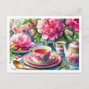 Pfingstrosen und rosa Teetasse-Teeparty-Blumen Postkarte
