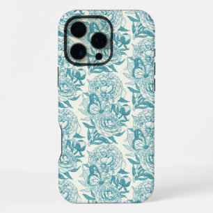 Pfingstrosen und Schmetterlinge Blockdruck, Lagune iPhone 16 Pro Max Hülle