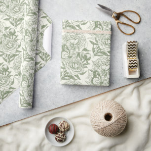 Pfingstrosen und Schmetterlinge Blockdruck, Salbei Geschenkpapier