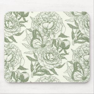 Pfingstrosen und Schmetterlinge Blockdruck, salbei Mousepad