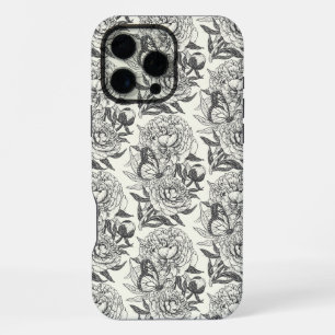 Pfingstrosen und Schmetterlinge Blockdruck, schwar iPhone 16 Pro Max Hülle