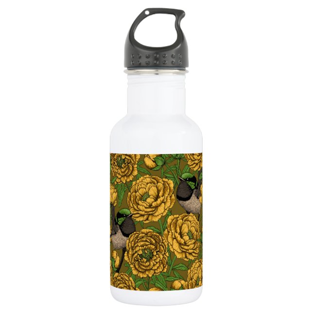 Pfingstrosen und Zaunkönige Edelstahlflasche (Vorderseite)