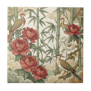 Pfingstrosen-Vögel-Bambus-Orientaler-Gartenszene Fliese