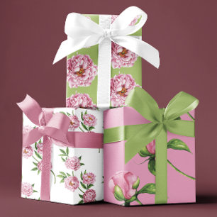 Pfingstrosen-Wrap-Papier Flachblatt-Set von 3 Geschenkpapier Set