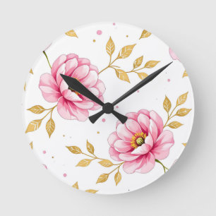 Pfingstrosenblüten mit goldenem Blattmuster Runde Wanduhr