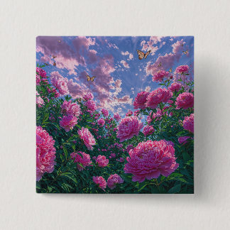 Pfingstrosengarten-Kunst mit Schmetterlingen Button