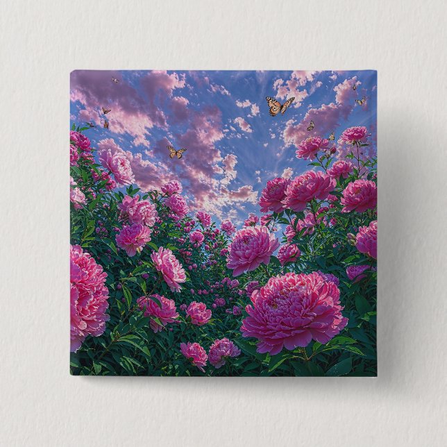 Pfingstrosengarten-Kunst mit Schmetterlingen Button (Vorderseite)