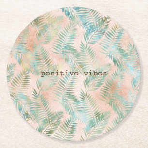 Pfirsich Aqua Grün Tropische Blätter Runder Pappuntersetzer