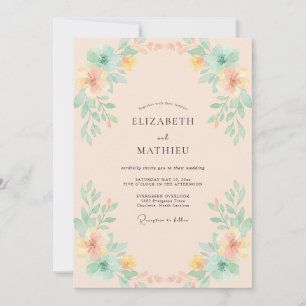 Pfirsich-Aqua-Wildblumen-Hochzeit Einladung