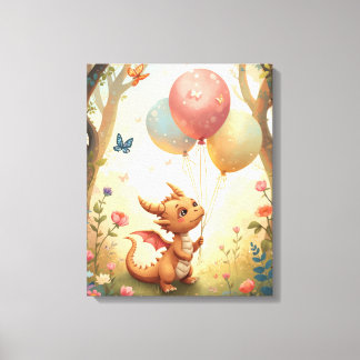 Pfirsich-Aquarell-Baby-Drache-Balloons-Kinderzimme Leinwanddruck