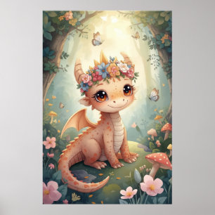 Pfirsich-Aquarell-Babydrache-Kinderzimmer Poster