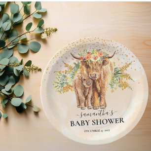 Pfirsich-Aquarell Blumen Highland-Kuh-Kalb-Baby  Pappteller