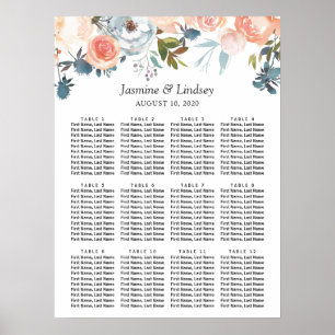 Pfirsich-Aquarell-Blumen-Hochzeits-Sitzplan Poster