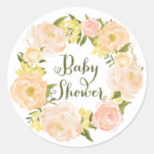 Pfirsich-Aquarell-Pfingstrosen-Kranz-Baby-Party Runder Aufkleber