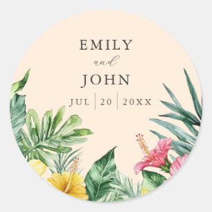 Pfirsich-Aquarell-Tropenblumen-Hochzeitsgunst Runder Aufkleber