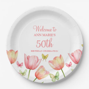 Pfirsich-Aquarell-Tulpen Blumen Pappteller