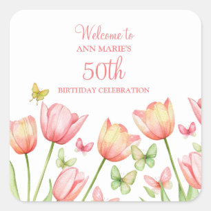 Pfirsich-Aquarell-Tulpen Blumen Quadratischer Aufkleber