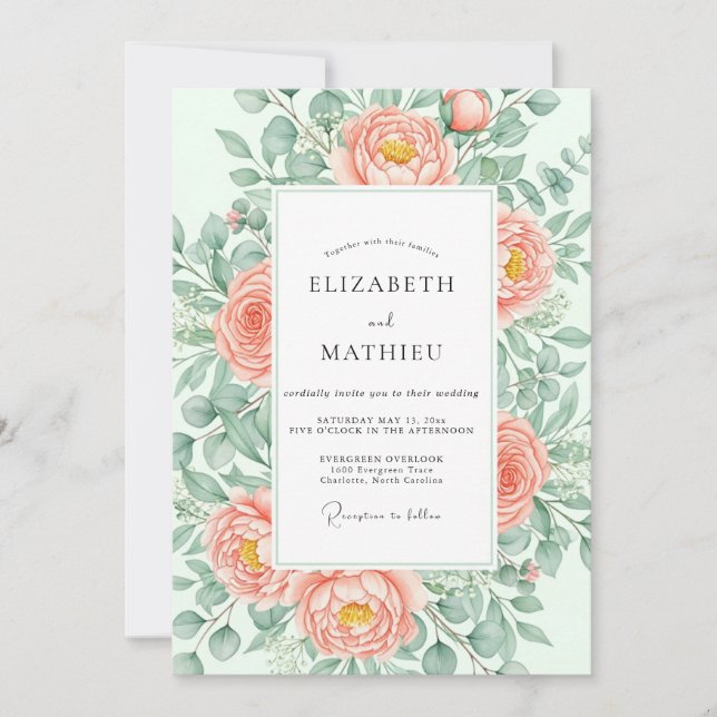 Pfirsich Atemberaubende Botanische Hochzeit Einladung (Vorderseite)
