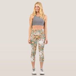 Pfirsich Blau Botanisches Nahtloses Muster Capri Leggings