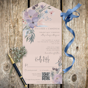 Pfirsich Blau & Lila Boho Floral Pfirsich QR Code All In One Einladung