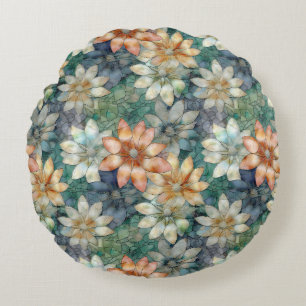 Pfirsich Blau Weiß Grün Floral Rundes Kissen